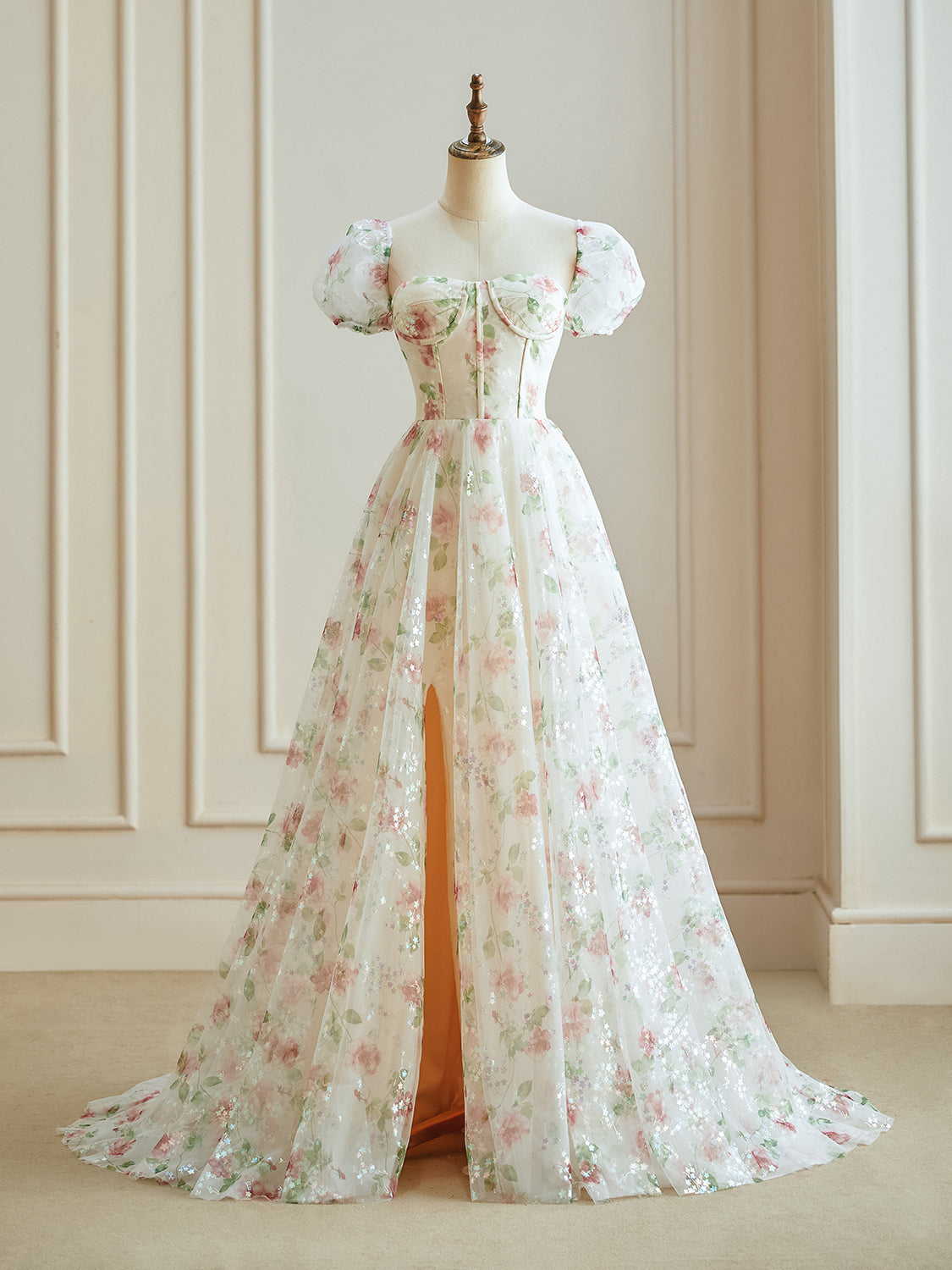 Luolandi A Line Cap Sleeve Sweetheart Lace Tulle Floor Length Floral Prom Dresses With Flowers